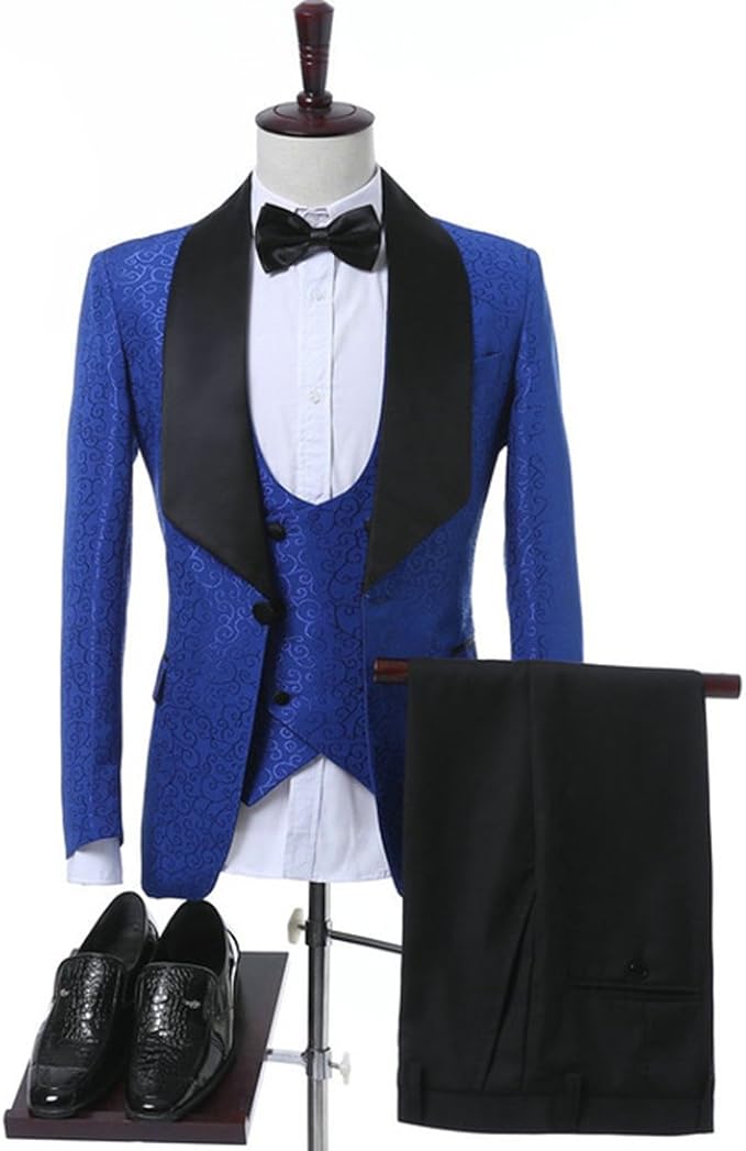 SIPEI Mens Slim Shawl Collar 3 Piece Suit Buiness Casual Patterned