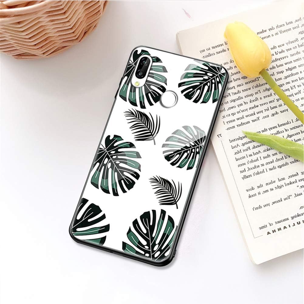 YSIMEE Compatible with Cases Huawei Nova 3i/P Smart Plus,Cute Fashion Painted Tempered Glass Back Cover & TPU Silicone Edge Soft Bumper Shockproof Ultralight Thin Slim Protective Cover,Leaves