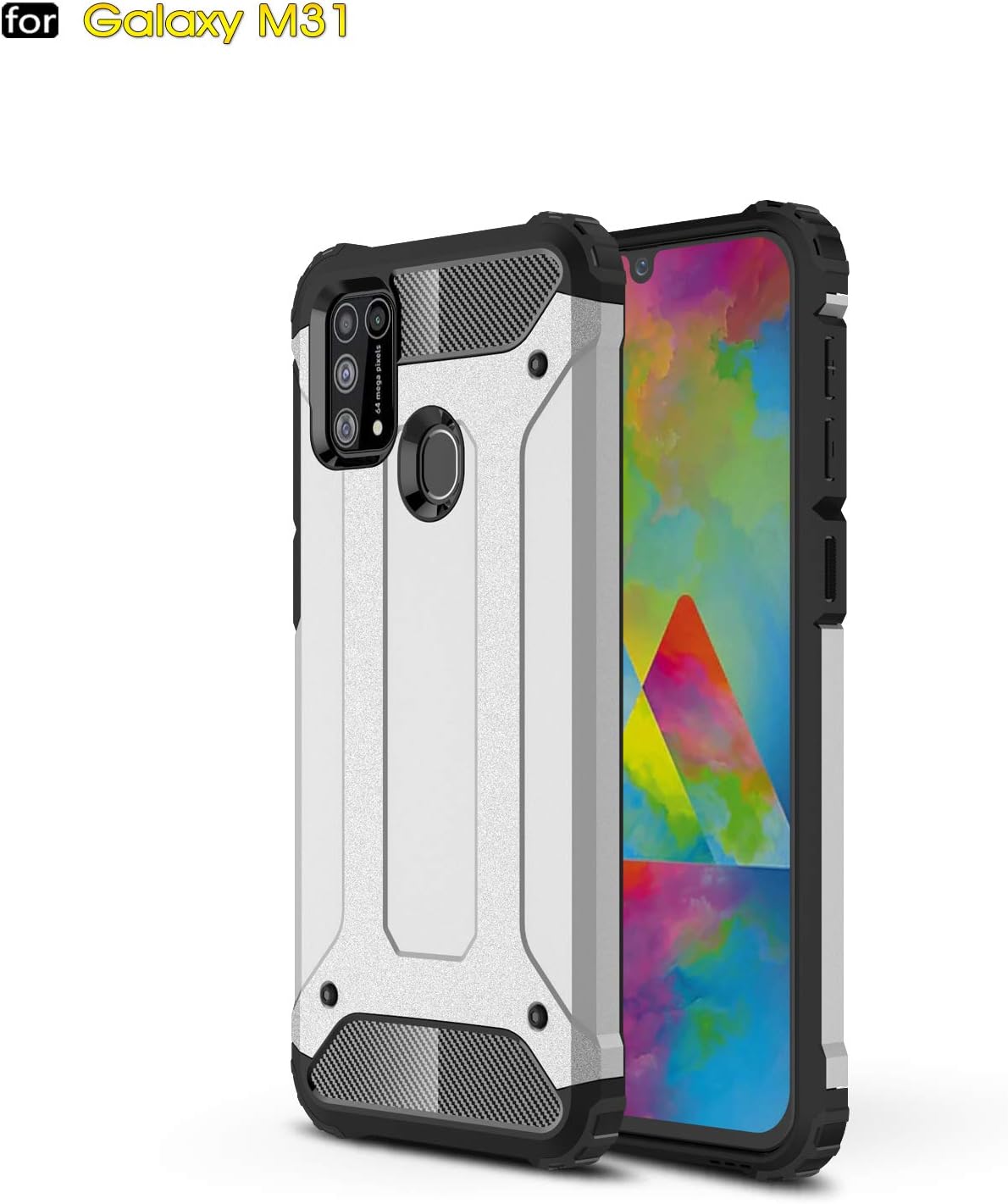 Galaxy M31 Case-Samsung M31 Case, Futanwei 2-In-1 Heavy Duty Shock Armor Dual-Layer Full Body Protective Shockproof Drop-Proof Defender Hybrid Cover for Samsung Galaxy M31 Silver