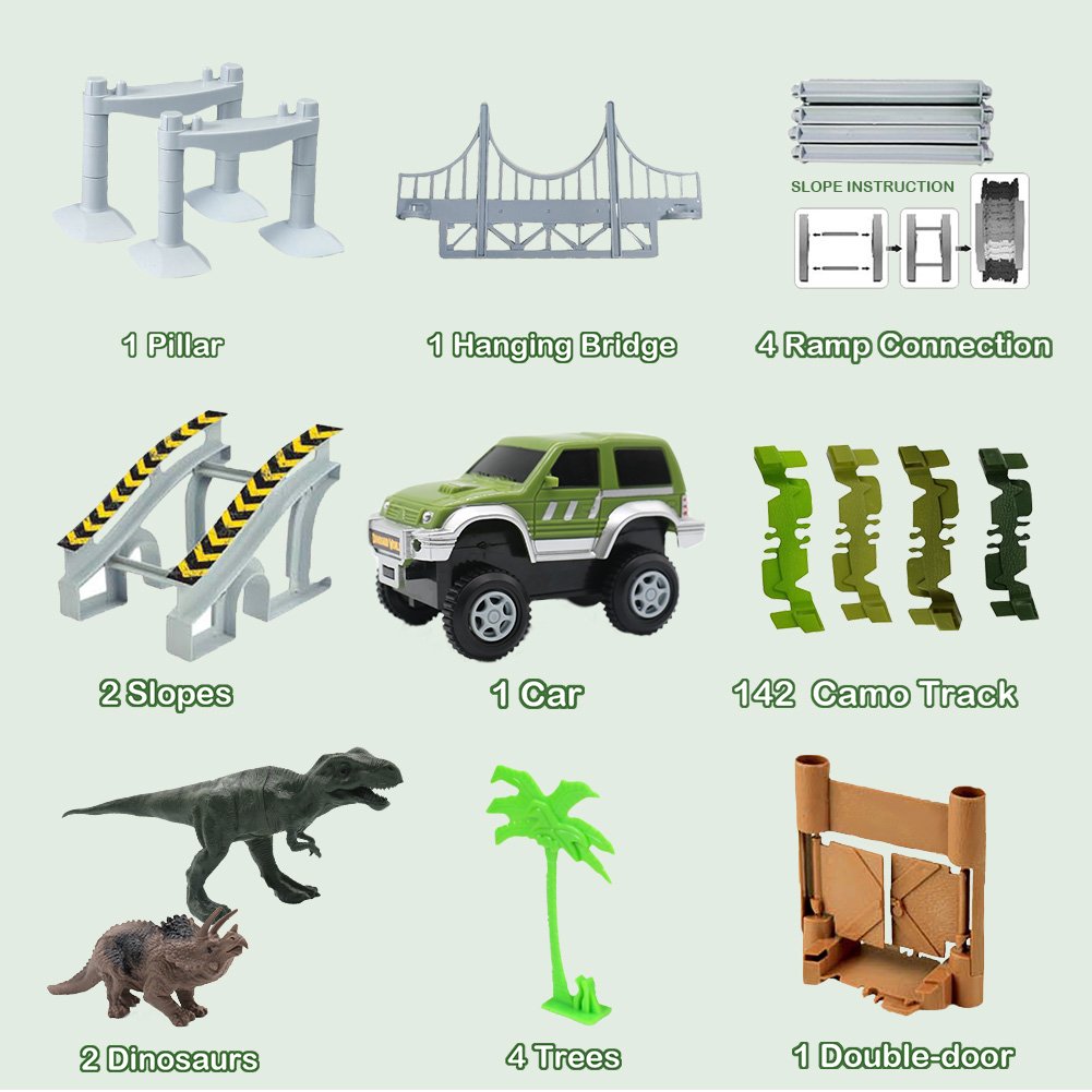 Nuheby Dinosaur Toys Car Racing with 142pcs Flexible Race Track Set -2Dinosaurs 1 Military Vehicles,4 Trees,2 Slopes,1 Door and 1 Bridge for Party Games 3 Year Old Girl&Boy Gifts