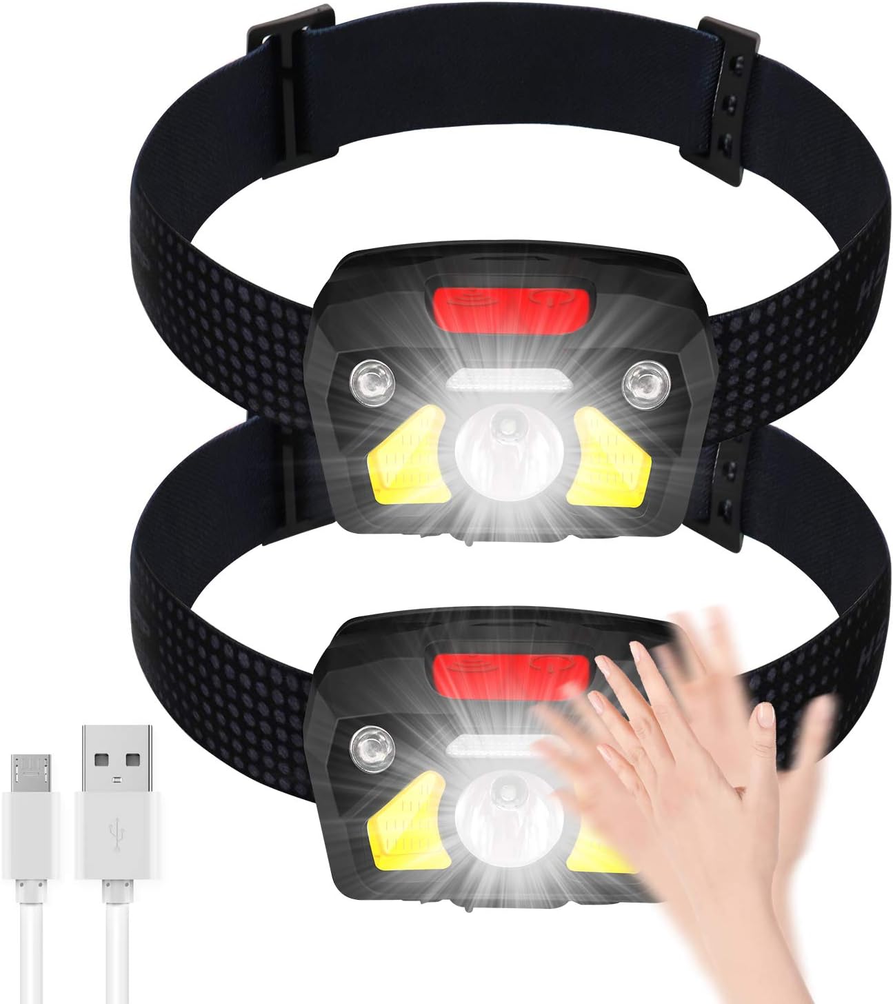 USB Rechargeable LED Headlamp Flashlight, 2-PACK 1000 Lumen Super Bright, Motion Sensor head lamp outdoor, IPX5 Waterproof, include Red Safety Light, 6 Display Modes, Suitable for Running, Hiking, ETC. - - 