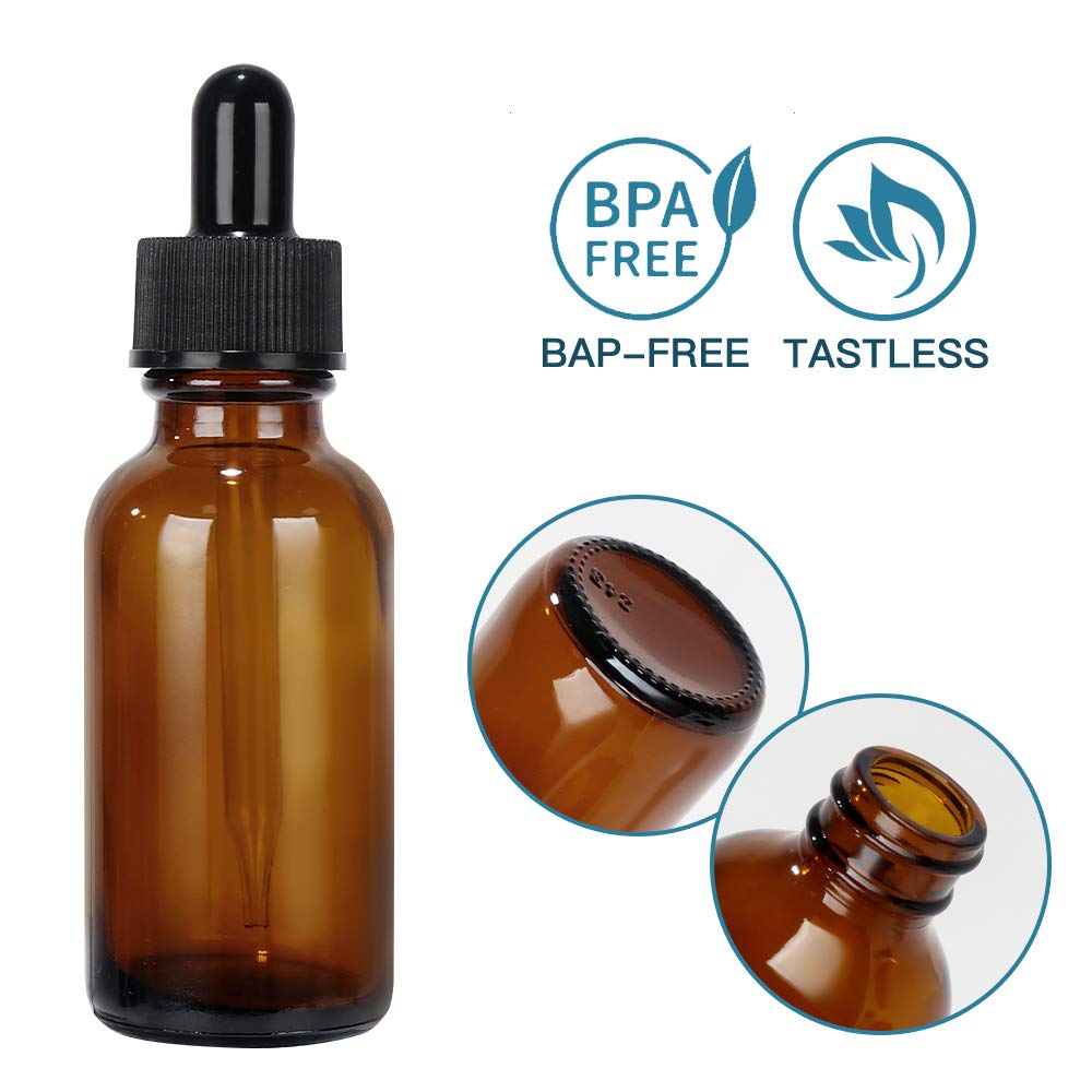 CycleMore 1oz 30ml 12 Pack Amber Glass Boston Bottles with Glass Eye Droppers, Glass Dropper Bottles for Essential Oils & Lab Chemicals & More Liquids (1 Brush, 2 Funnels and 24 Labels Included): Industrial & Scientific