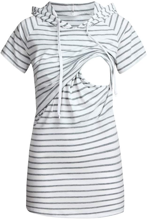 Lomsarsh Maternity Dress, Women Maternity Short Sleeve Striped Hoodie Nursing Breastfeeding Pullover Tops