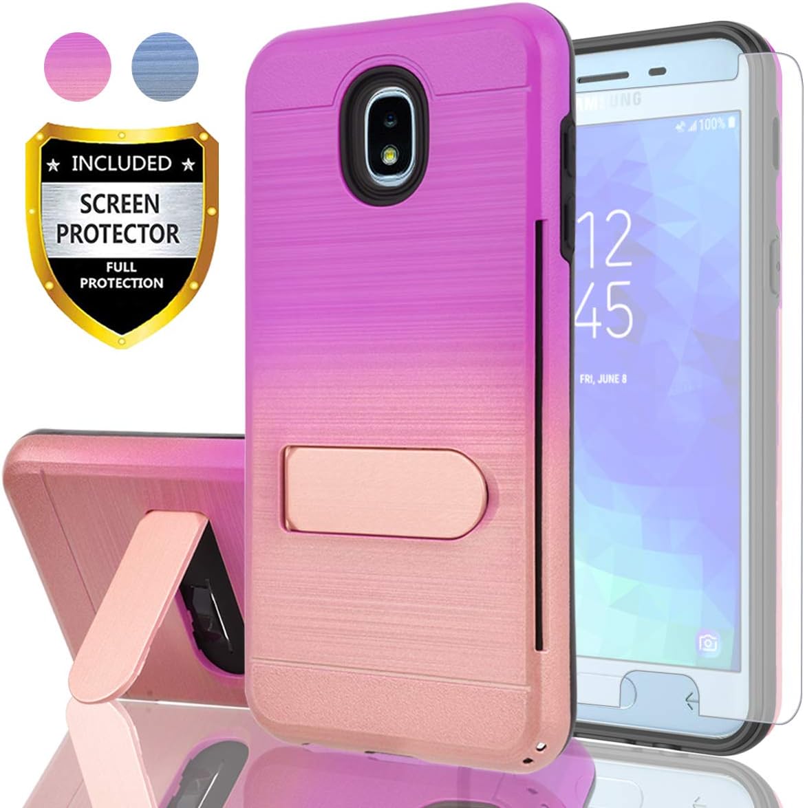 Samsung Galaxy J3 2018/J3V J3 V 3rd Gen/Express Prime 3/J3 Star/J3 Achieve/Amp Prime 3 Case with HD Screen Protector,AYMECL[Card Slots Holder] TPU Gradient Color Case for J3 2018-GC Purple&Rose Gold