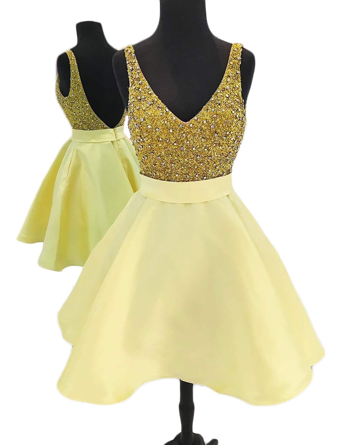 MonaBridal Junior's Beaded Dress VNeck Empire Waist Satin Short Party Prom Gown