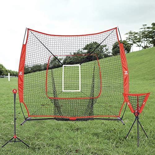 ZELUS 7x7ft Baseball and Softball Practice Net + Batting Tee + Ball