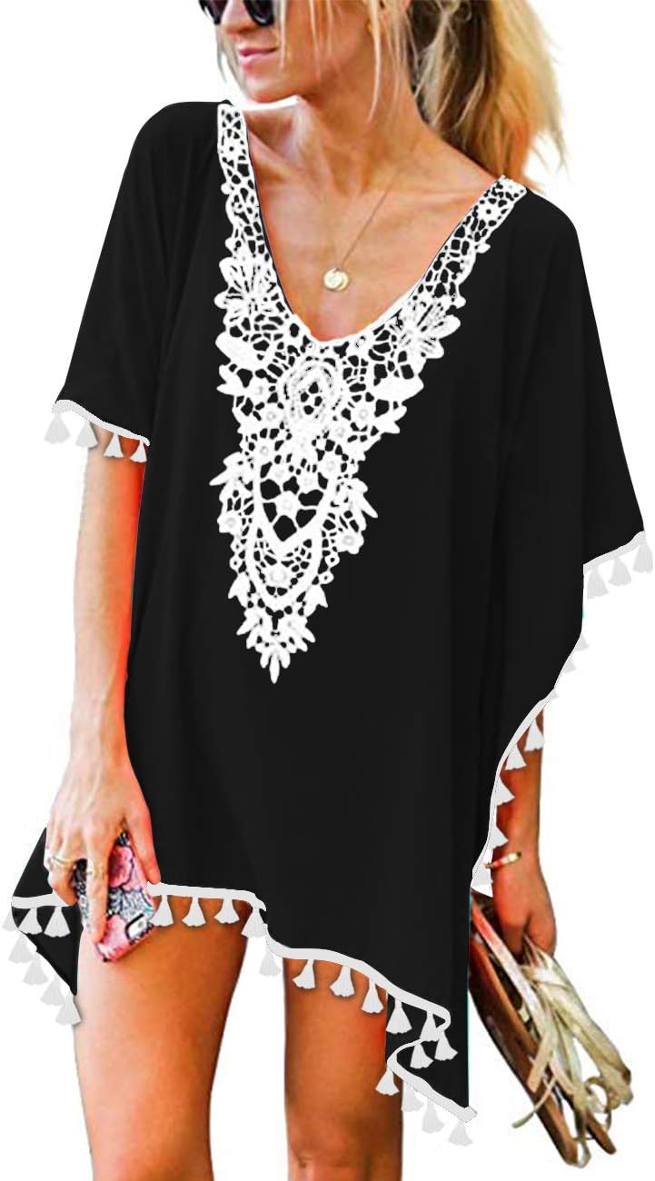 CPOKRTWSO Womenโs Crochet Chiffon Tassel Swimsuit Beach Bikini Cover Ups for Swimwear