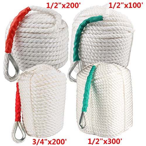 Bang4buck 3/4"x150' Anchor Rope, Nylon Docking Dockline Boat/ Sailboat/ Mooring/ Pull/ Docking Lines With Thimble- 12592LB Breaking Stra (1)