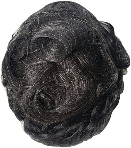 PANCY Toupee for Men Human Virgin Hairpiece Scalloped Front Replacement Hair #1b Mix 20% Grey Hair