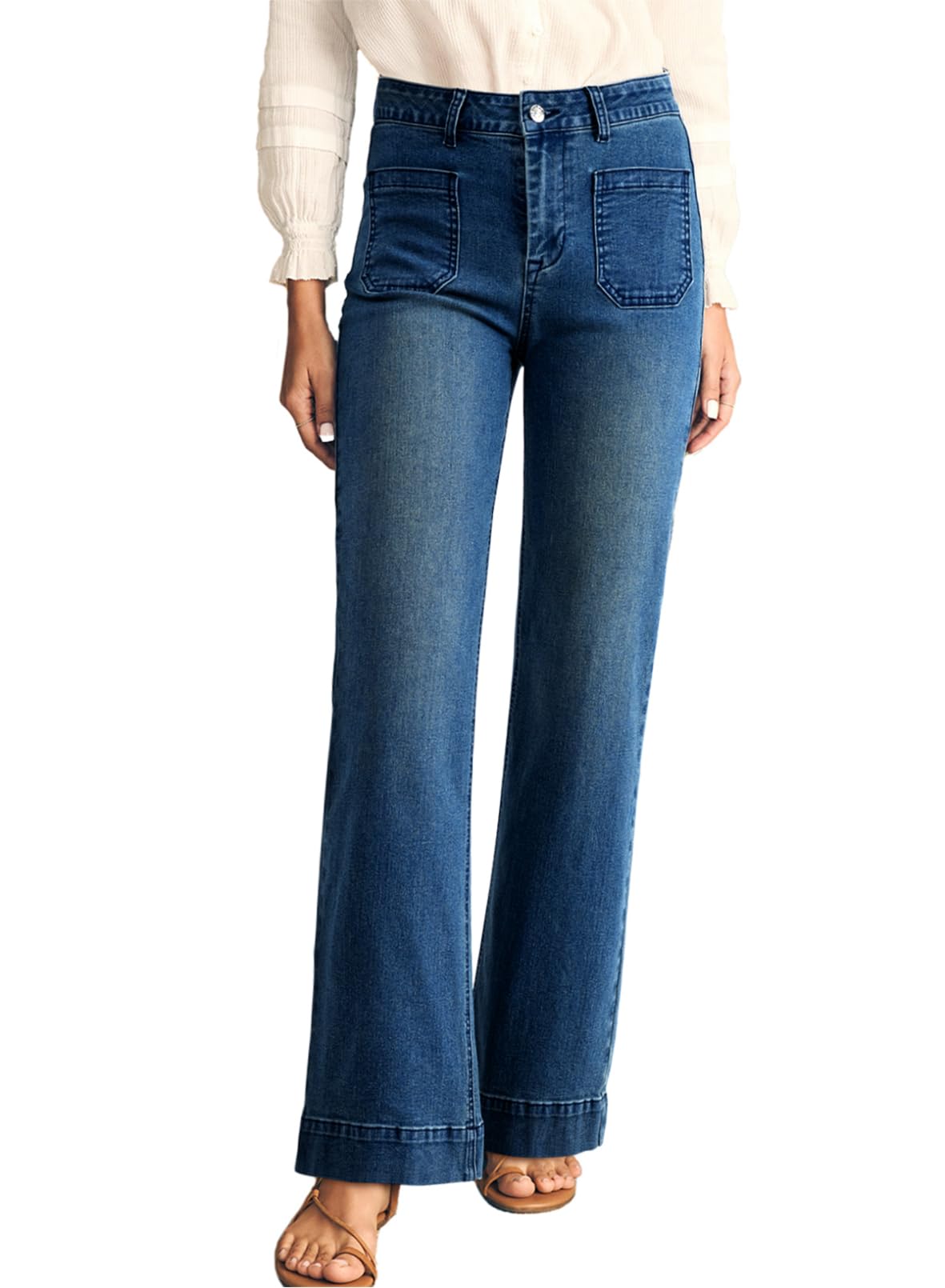 Photo 1 of Astylish Jeans for Women Trendy Wide Leg High Waisted Stretchy Straight Leg Jeans Loose Denim Pants with Pocket Size 6 Blue