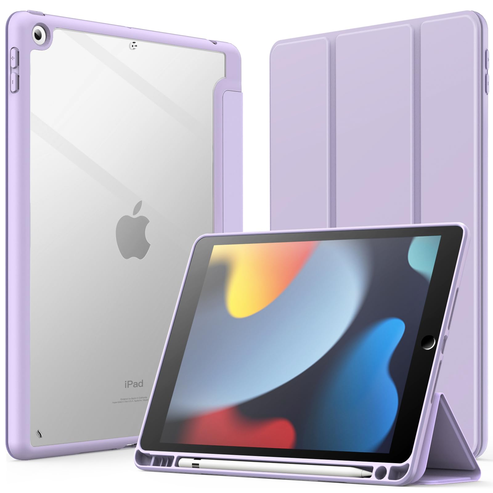 JETech Case for iPad 10.2-Inch (9th/8th/7th Generation, 2021/2020/2019) with Pencil Holder, Clear Transparent Back Shell Slim Stand Shockproof Tablet Cover, Auto Wake/Sleep (Light Purple)