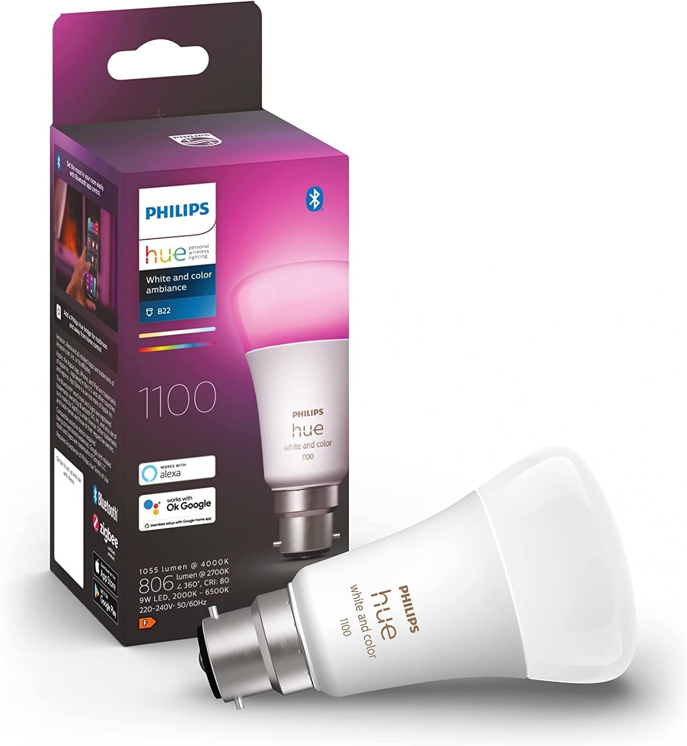 Philips Hue White & Colour Ambiance Single Smart Bulb LED [B22 Bayonet Cap]-1100 Lumens (75W Equivalent).Works Alexa,Google Assistant and Apple Homekit.for Home Indoor Lighting,Livingroom and Bedroom