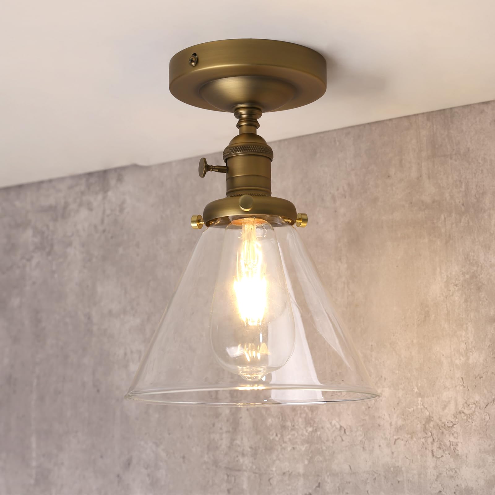 Phansthy Industrial Ceiling Light Fixtures with Switch, Funnel Clear Glass Hallway Lighting Close to Ceiling E27 Base, Flush Mount Hanging Lamp Suitable for Kitchen Loft Cafe Bar (Antique)