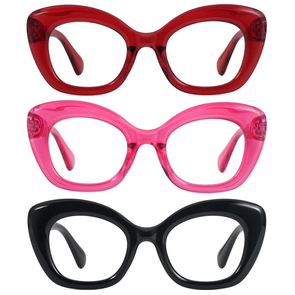 JiSoo Oversized Reading Glasses 2.0 Women Cat Eye Funky Readers Glasses, Large Ladies Reading Glasses 2.0+, Black+Red+Pink