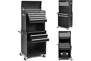 ERGOMASTER Rolling Tool Chest - Removable Top Box Large Bottom Cabinet with Casters and Lock System Tool-Box - Heighten 6-Drawer Black