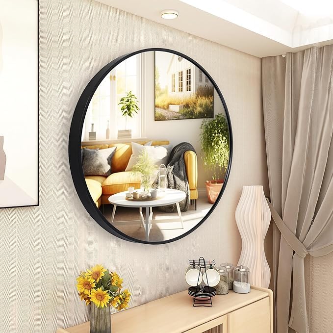 ORCHID M®Black Round Mirror for Wall 60CM,Modern Metal Frame Circle Bathroom Mirror for Wall，Tempered Glass-Shatterproof for Wall Mirror for Entryway, Bathroom, Vanity, Living Room (Black 24 inch)