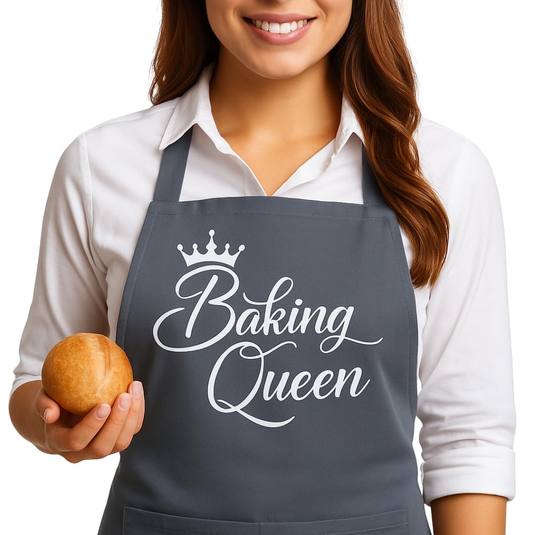 LINEN CLOSET® Baking Aprons for Women Baker Aprons for Men Funny Baking Gifts for Bakers Wife Husband Mother Daughter Kitchen Apron with Pockets- baking queen apron