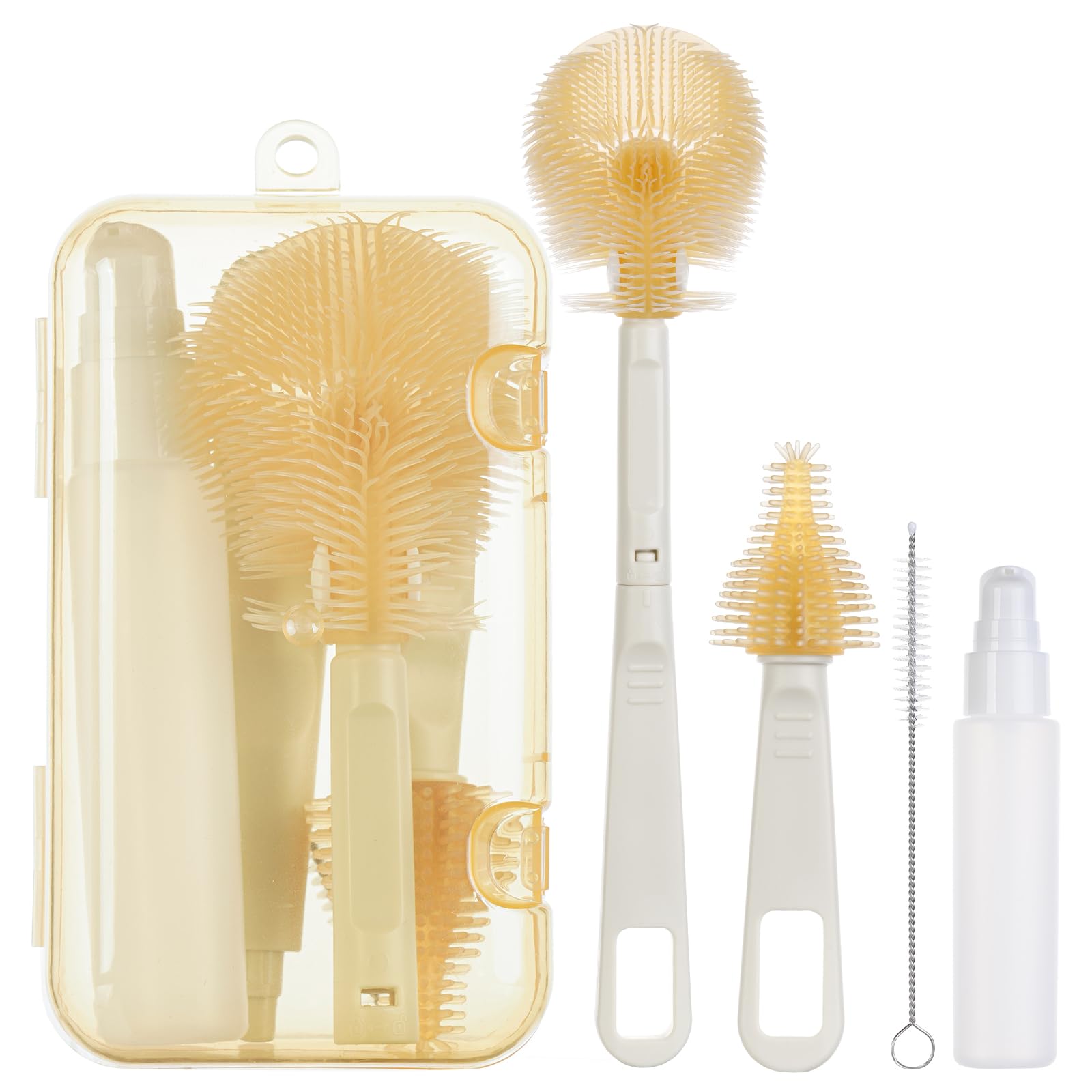 Vicloon 5 in 1 Travel Baby Bottle Brush Set - Portable Silicone Bottle Brush, Straw Brush, Pacifier Brush and Dispensing Bottles, Milk Coffee White