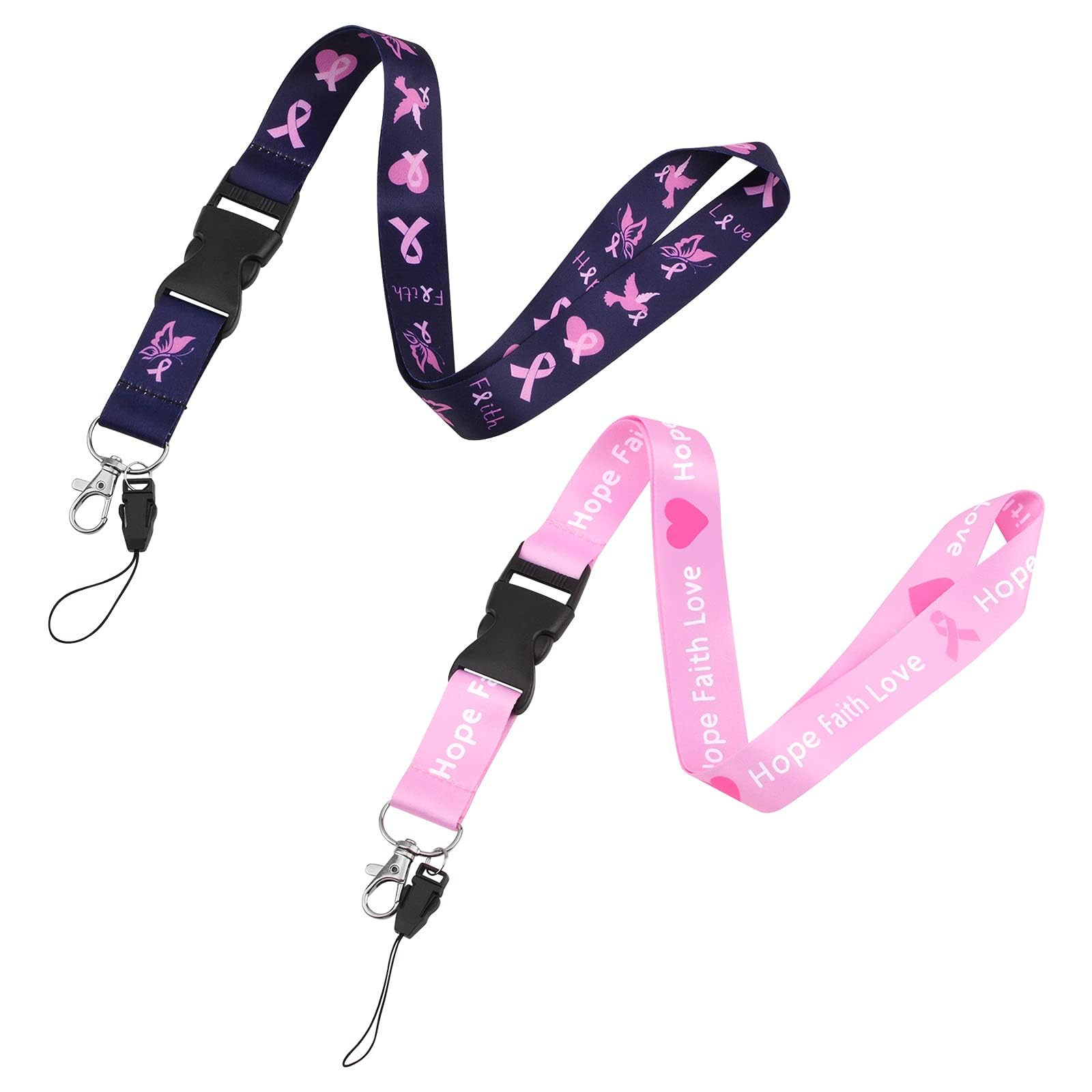 WANDIC 2 Pcs Breast Cancer Awareness Lanyard, Pink Ribbon Lanyard Neck Lanyard Strap Badge Card Holder with Quick Breakaway Buckle for Keychain Phone Holder — image 1
