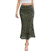 Esooland Women's Floral Mesh Midi Skirt Boho Y2k High Waisted Skirts for Spring Summer Fall Trendy