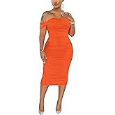 Women's Sexy Off Shoulder Sleeveless Bodycon Ruched Midi Elegant Cocktail Evening Party Night Tube Dresses
