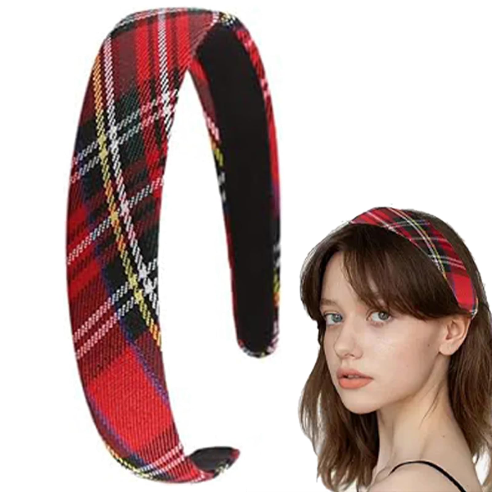 1pcs Plaid Elastic Padded Headbands Vintage Alice Red Band, Tartan Headband Hair Accessories for Women and Girls