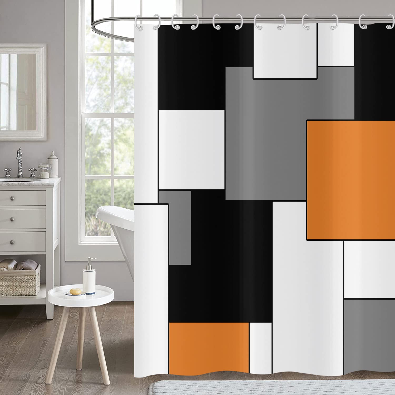 Hnmdmyi Orange Shower Curtain 180x180, Grey Black and White Shower Curtains Modern Geometric Decorative Bathroom Curtains with Hooks Waterproof Polyester Fabric Washable Bath Curtains for Wet Room