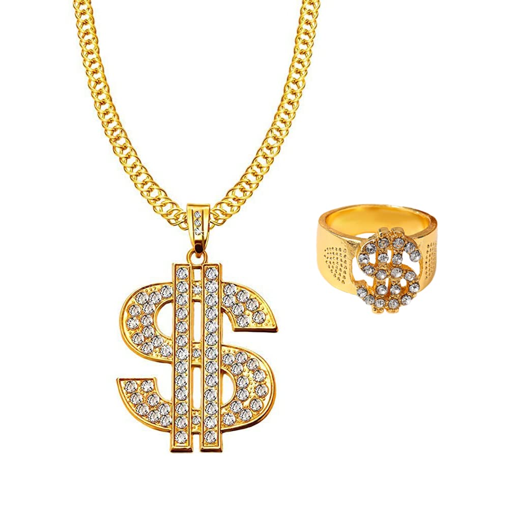 JKJF Dollar Sign Necklace Ring Set 80s 90s Hip Hop Necklace Rapper Gold Chain for Men Women Party Cosplay Supplies - Gold