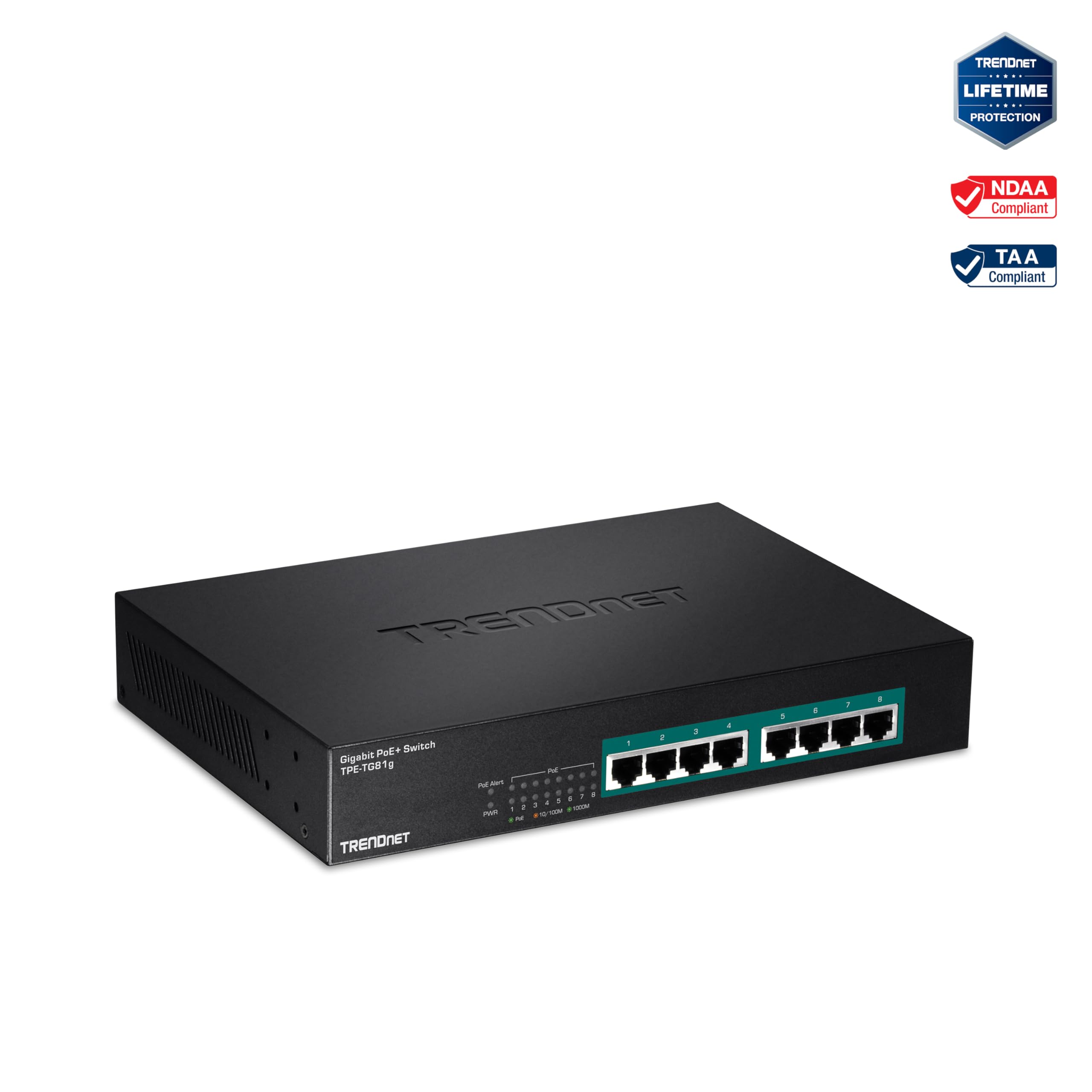 TRENDnet 8-Port Gigabit GREENnet PoE+ Switch, TPE-TG81g, 8 x Gigabit PoE+ Ports, Rack Mountable, Up to 30 W Per Port with 110 W Total Power Budget, Ethernet Network Switch, Metal, Lifetime Protection