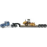 Diecast Masters Caterpillar Diecast Model Replicas &ndash; 1:87 Scale Blue Kenworth T880 Tractor with Lowboy Trailer and Cat Padfoot Roller | Model 84424