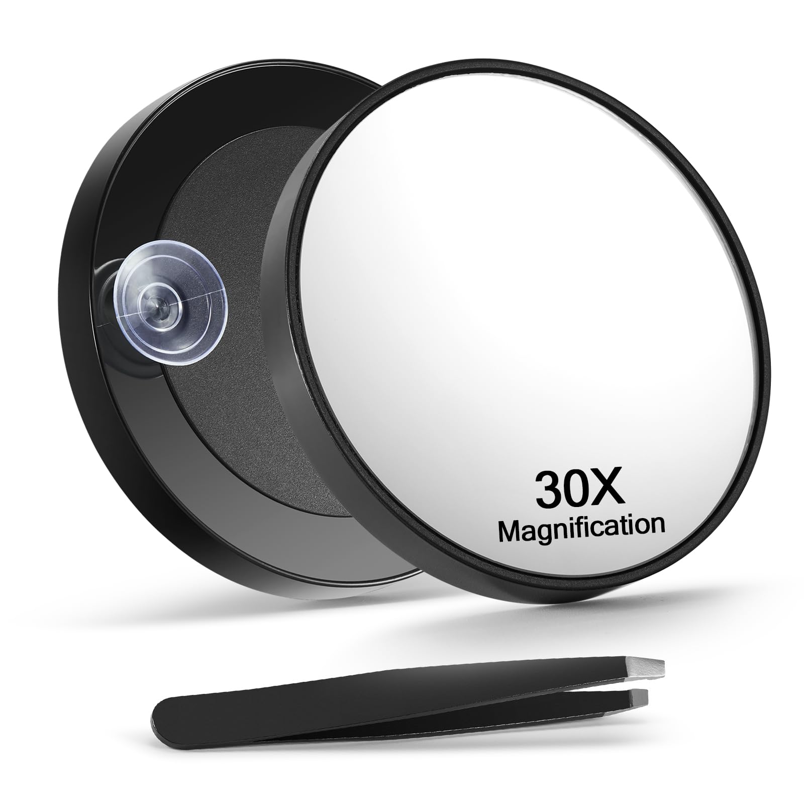 Macaki 30X Magnifying Mirror with 2 Suction Cups, 8.8cm Magnified Makeup Mirror and Slant Tweezers,1PCS,Black — image 1