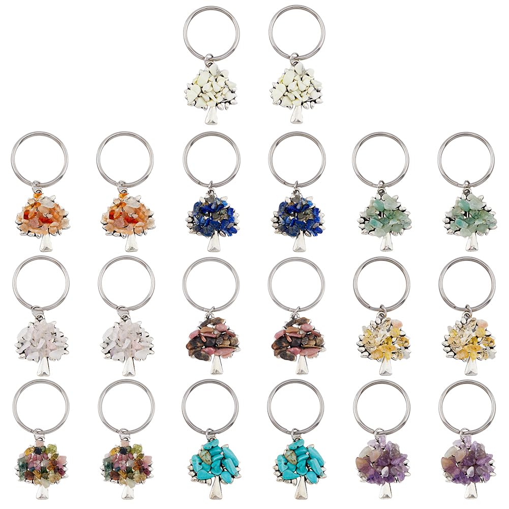 SUPERFINDINGS 20Pcs 10 Colors Tree of Life Keychain with Natural Crystal Stones 304 Stainless Steel Keychain Charm Pendant Handmade DIY Key Chain Charm for Handmade DIY Bag Charms Keyring