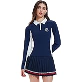 IUK Women's 2 Piece Tennis Skirt Set Long Sleeve Golf Outfit - Half Zip Sweater & Pleated Skort - Winter Active Wear Clothing