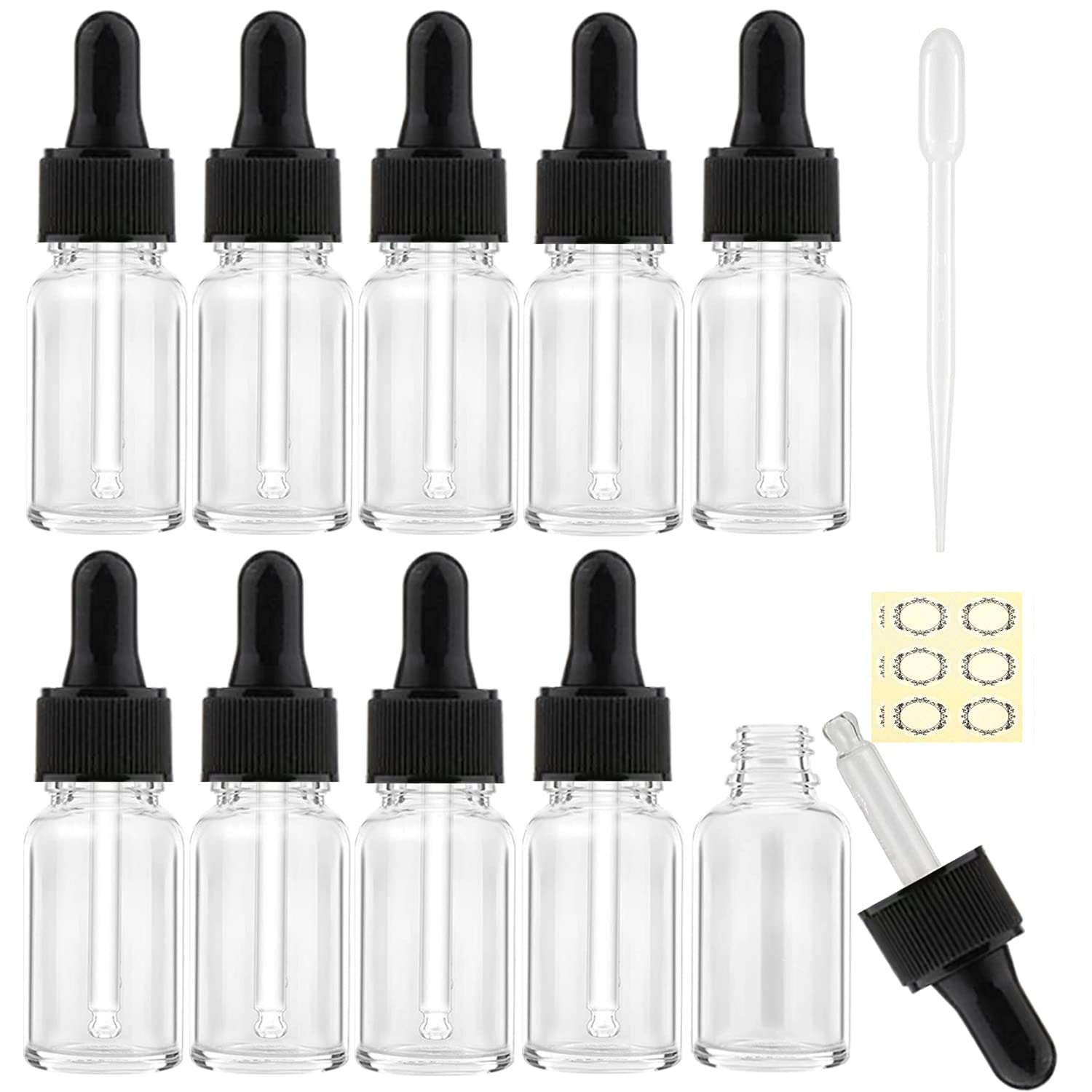 Alledomain 10Pcs, 10Ml Transparent Glass Bottles with Dropper Pipettes, Empty Dropper Bottles Plastic Black Cap Refillable Sample Container for Essential Oil/Aromatherapy Blend/Chemical Liquid