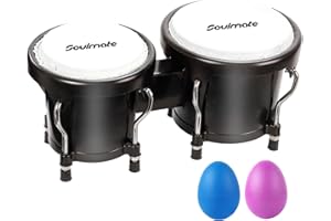 Soulmate Bongo Drum Set for Kids Beginners Adults 4” and 5” Transparent Percussion Bongos Drum with Tuning Wrench, Natural Finish(Black)
