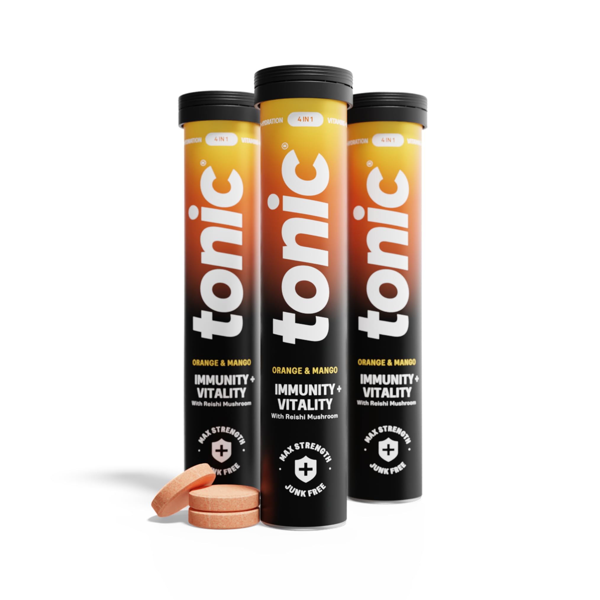 Tonic Health Daily Immunity Tablets - 4-in-1 Effervescent Multivitamins, Minerals & Phytonutrients - Vitamin D, Vitamin C and Zinc - Vegan, No Sugar- Max Strength Tablets, Orange & Mango, 60 Count