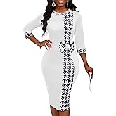 Women's 3/4 Sleeve Round Neck Casual Houndstooth Bodycon Wear to Work Pencil Sheath Midi Dresses