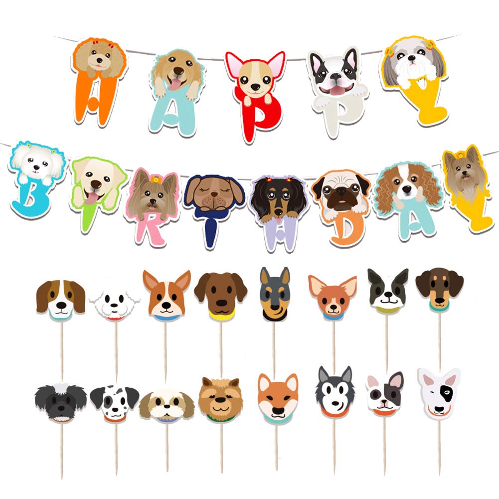 Boerni Dog Birthday Decoration, 13 Pcs Cute Cartoon Dog Birthday Banner with 16 Pcs Puppy Cupcake Toppers for Pet Theme Birthday Party, Kids Birthday Party