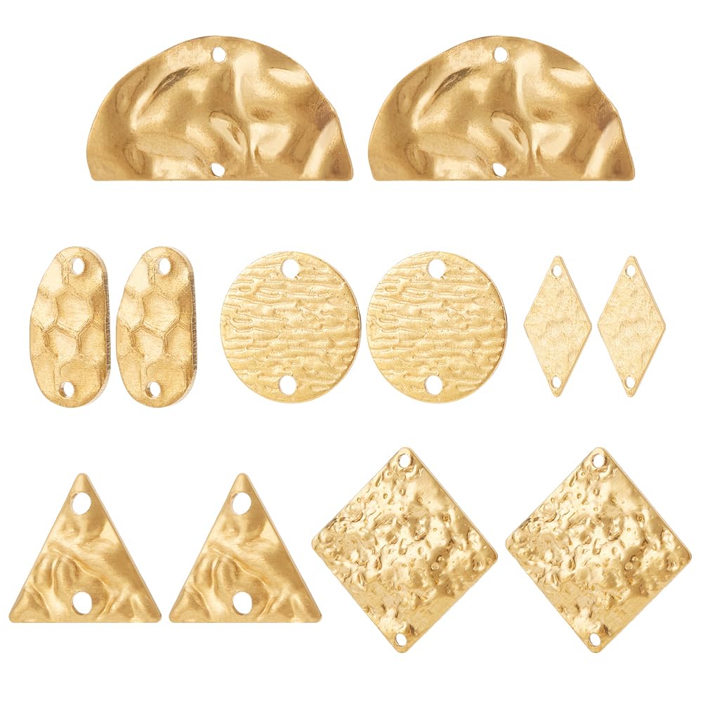 BENECREAT 48Pcs Textured Brass Connector Charms, 6 Styles Triangle/Half Round/Rhombus Flat Geometric Style Pendants Links Connectors for Earring Necklace Bracelet Making, Hole: 1.2~1.8mm