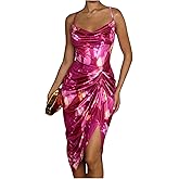WDIRARA Women's Tie Dye Sleeveless Bodycon Midi Dress Cowl Neck Ruched Split Cami Dresses