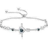 FANCIME Gift for Women Cross Bracelet 925 Sterling Silver Heart Birthstone Bracelet Fine Jewelry Birthday Gifts for Her Women