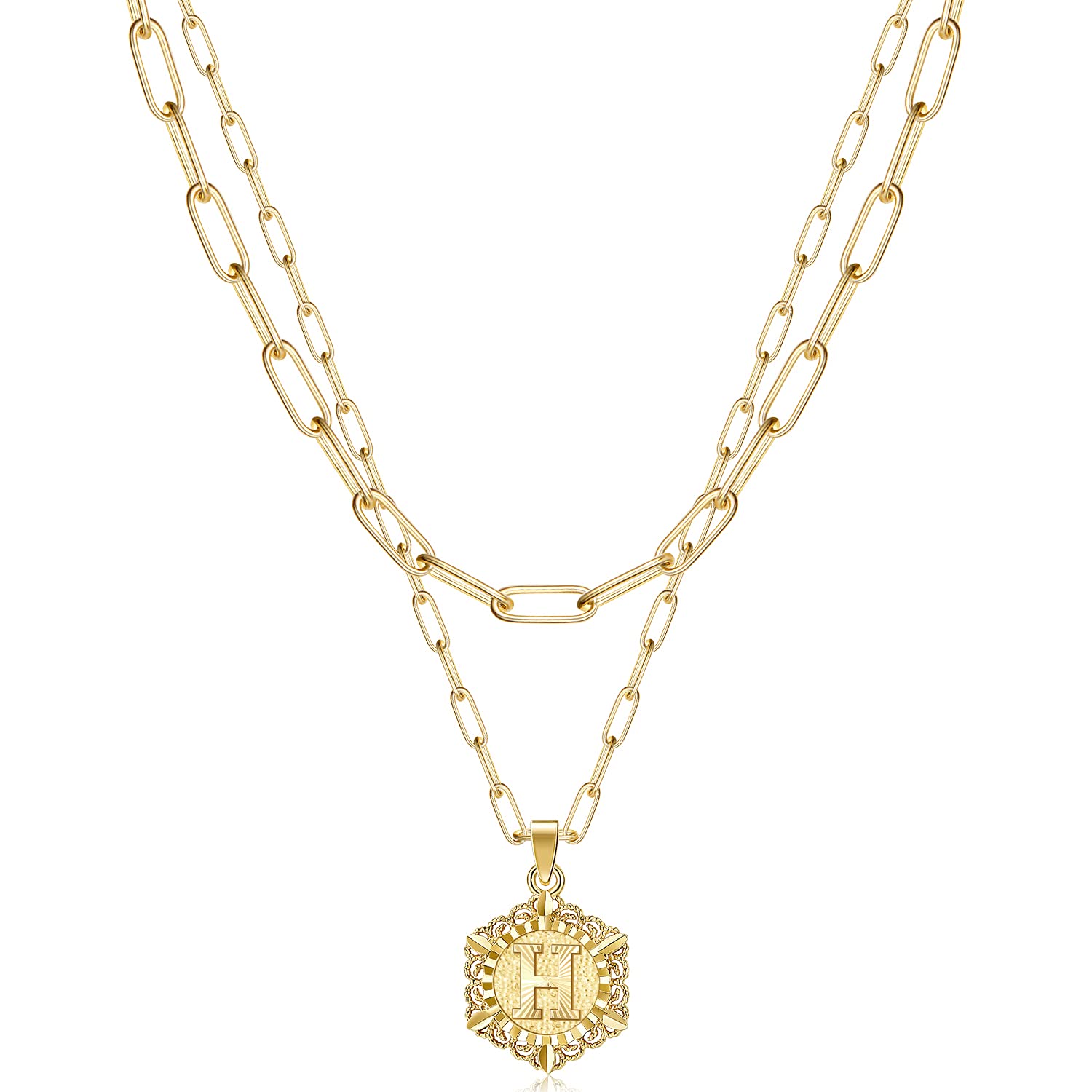 KissYan Initial Necklaces for Women, 14K Gold Plated Hexagon Letter Pendant Silver Chain Dainty Layered White Gold Paperclip Link Adjustable Capital A-Z Choker Necklace Trendy Jewelry Gifts