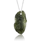 JOR Synthetic Moldavite Raw Crystal Pendant Necklace, Gemstone Rough, Chakra Healing Stone, Gift Giving Women Jewelry, Dainty Silver Plated Chain 18 inch