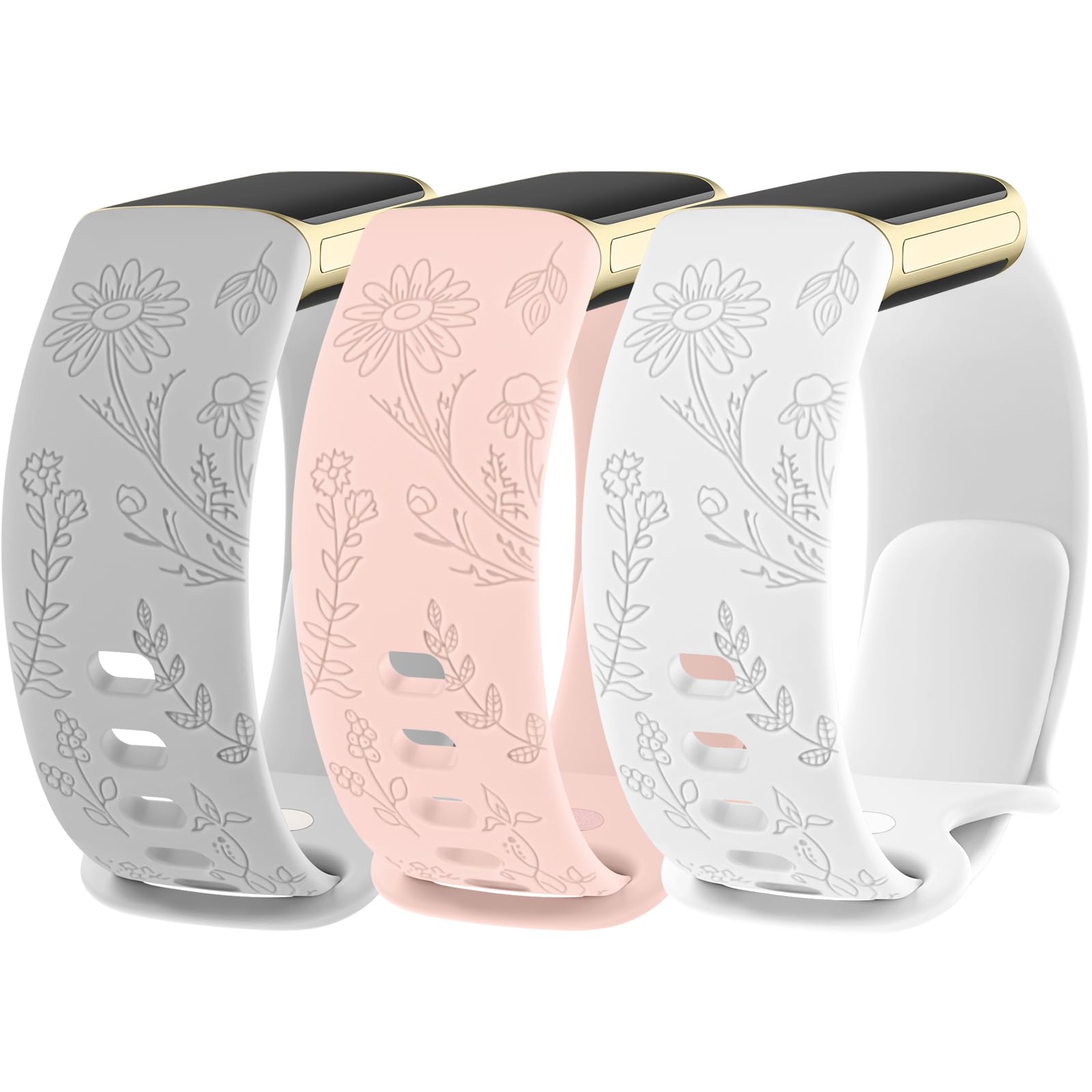 AMCC Floral Engraved Straps compatible with Fitbit Charge 6 / Charge 5 Strap for Women, [3 Pack] Soft Silicone Adjustable Wristband Replacement Strap (Black+Grey+Pink,Large)