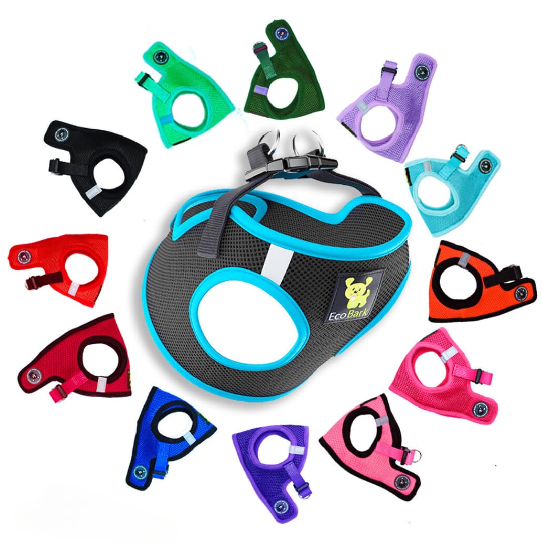 Photo 1 of 1pc EcoBark Step in Dog Harness - Eco-Friendly Teacup Dog Harnesses for XXS, XS, and Small Dogs - Reflective and Adjustable Mini Body Halter Vest -Tiny Soft Mesh Toy Breed Harness (Black and Teal, XXS)