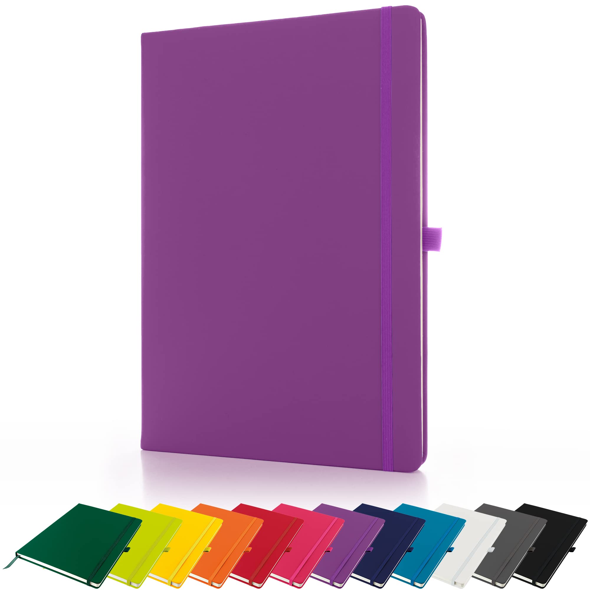 Savvy Bee Premium A4 Notebook New Lined Hardback Journal with Pen Loop, Elastic Closure and Ribbon Marker Notepad Note Book Notes Pad (Purple)