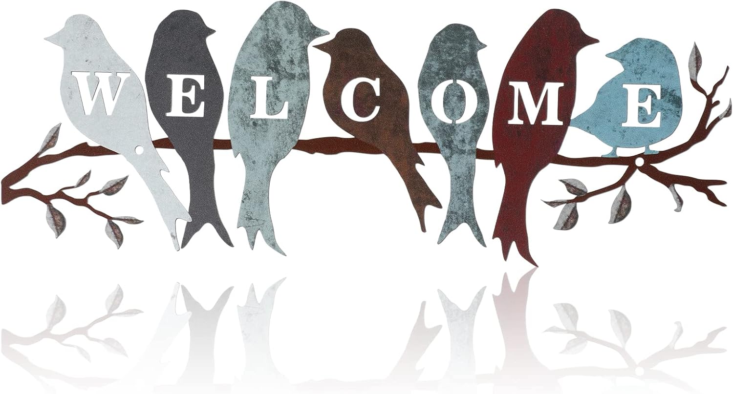 Plaques & Wall Art - Metal Bird Wall Art Birds on Branch Welcome Sign Hanging Outdoor Metal Wall Decor Welcome Signs for Porch Vivid Bird Statue Welcome Wall Decor Tree Silouette for Bedroom Garden Decor (Vintage Colors)