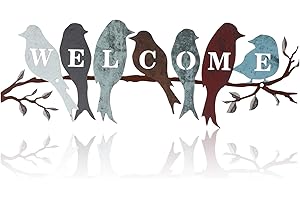 Peryiter Bird Wall Art Birds on Branch Welcome Sign Hanging Outdoor Metal Wall Decor Welcome Signs for Porch Vivid Statue Welcome Wall Decor Tree Silhouette for Bedroom Garden(Vintage Colors)