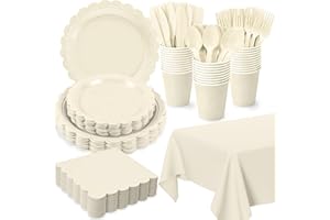 OIGCO 176 PCS Ivory Plates and Napkins - Beige Scalloped Plates, Napkins, Cups, Cutlery, Tablecloth for Baby Shower, Wedding, Birthday Party Decorations, Serves 25