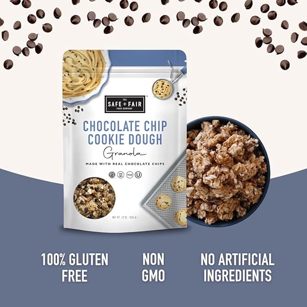 SAFE + FAIR CHOCOLATE CHIP COOKIE DOUGH GRANOLA – GLUTEN-FREE, DAIRY-FREE & VEGAN SNACK – ALLERGEN-FREE, NON-GMO, AND NO ARTIFICIAL INGREDIENTS – 12OZ PACK